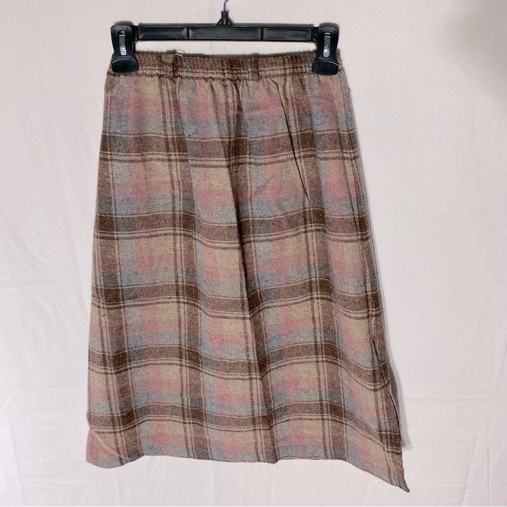 Vintage Tan Brown Pink Plaid Wool Blend A Line Midi Skirt S